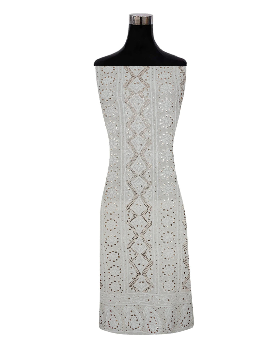 Ada Hand Embroidered Ivory White Pure Georgette Lucknowi Chikankari Unstitched Kurta Piece With Muqaish Work 01A388543