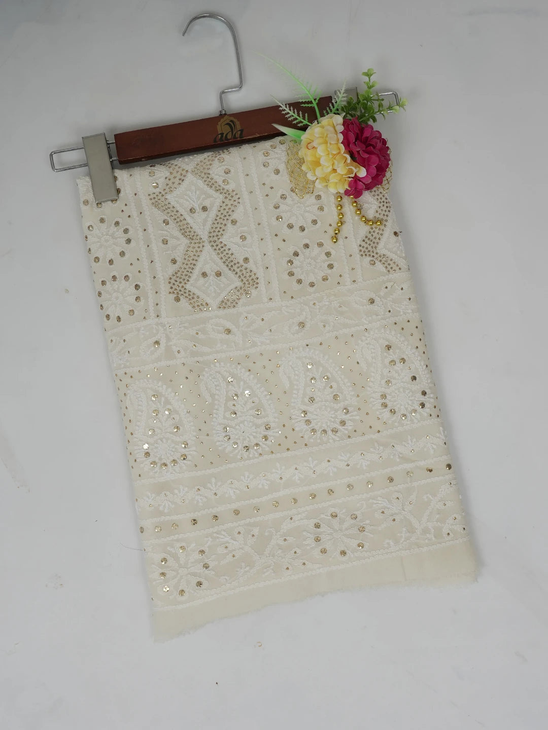 Ada Hand Embroidered Ivory White Pure Georgette Lucknowi Chikankari Unstitched Kurta Piece With Muqaish Work 01A388543