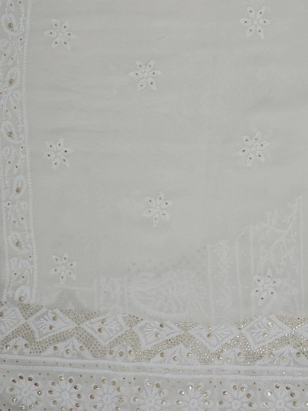 Ada Hand Embroidered Ivory White Pure Georgette Lucknowi Chikankari Unstitched Kurta Piece With Muqaish Work 01A388543