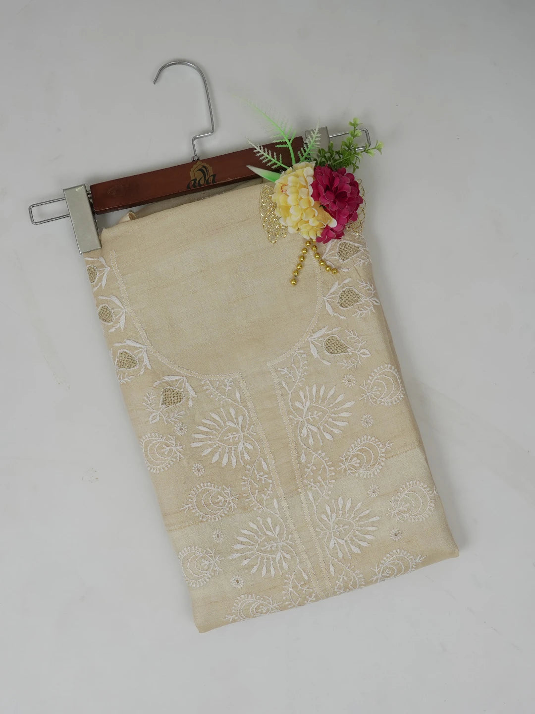 Ada Hand Embroidered Fawn Moonga Silk Lucknowi Chikankari Unstitched Kurta Piece With Zari Work 01A528312
