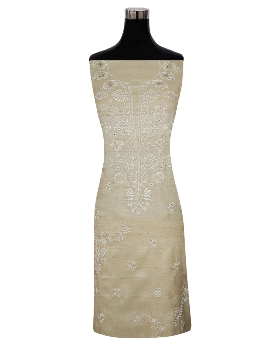 Ada Hand Embroidered Fawn Moonga Silk Lucknowi Chikankari Unstitched Kurta Piece With Zari Work 01A528312
