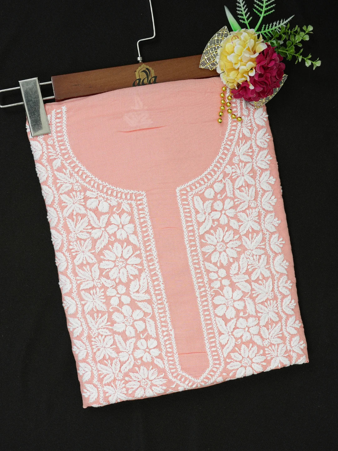 Ada Hand Embroidered Peach Pink Modal Lucknowi Chikankari Unstitched Kurta Piece 01A638728