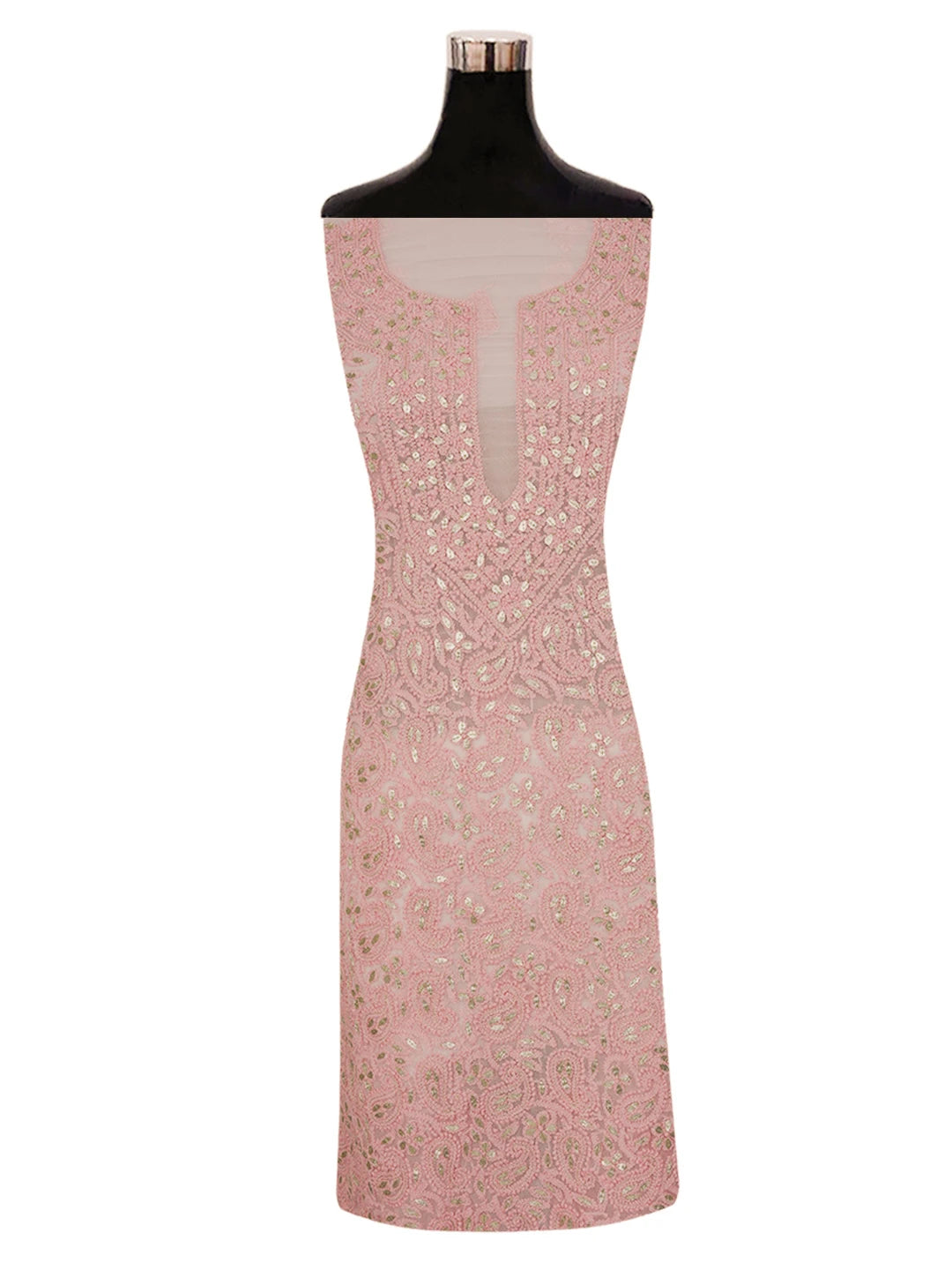 Ada Hand Embroidered Pink Faux Georgette Lucknowi Chikankari Unstitched Kurta Piece With Gota Patti Work 01A614068