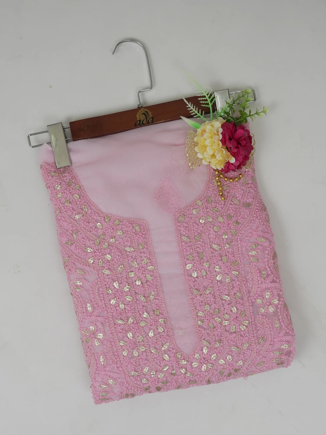 Ada Hand Embroidered Pink Faux Georgette Lucknowi Chikankari Unstitched Kurta Piece With Gota Patti Work 01A614068