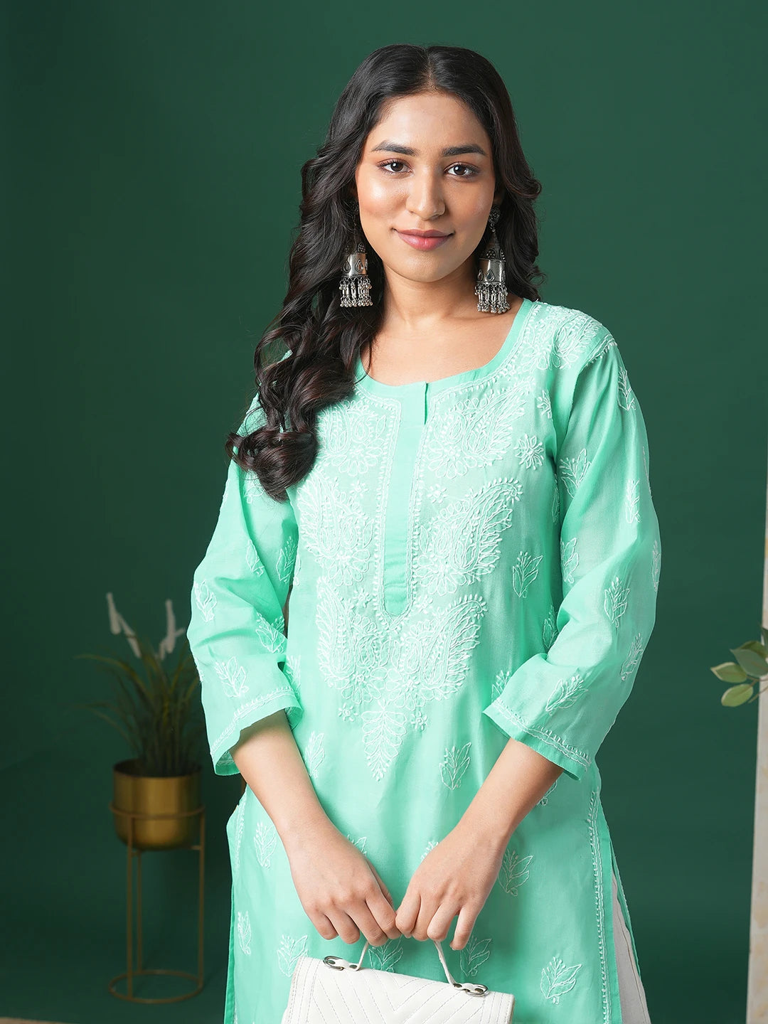 Ada Hand Embroidered Sea Green Cotton Lucknowi Chikankari Kurta A133580