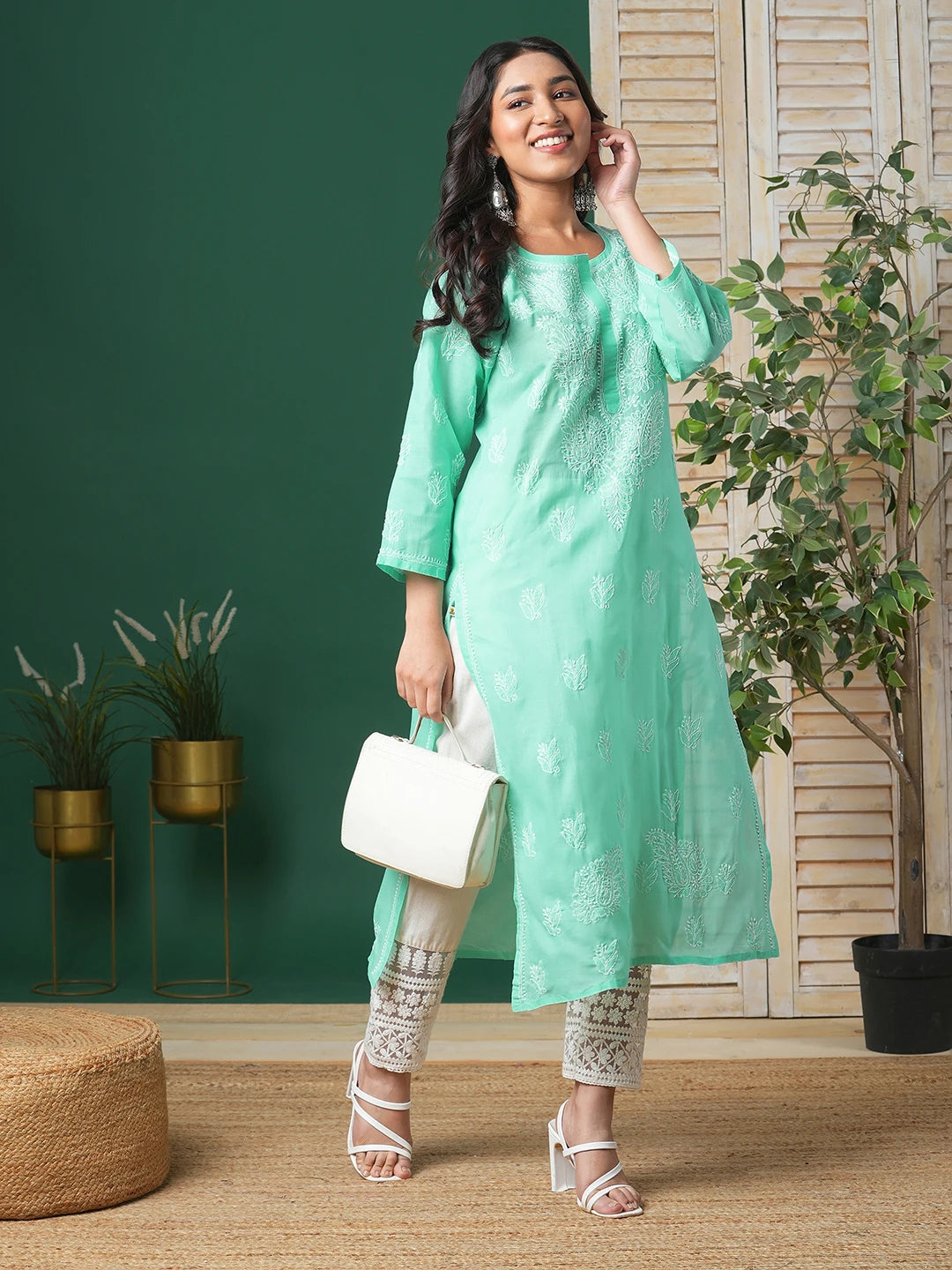 Ada Hand Embroidered Sea Green Cotton Lucknowi Chikankari Kurta A133580