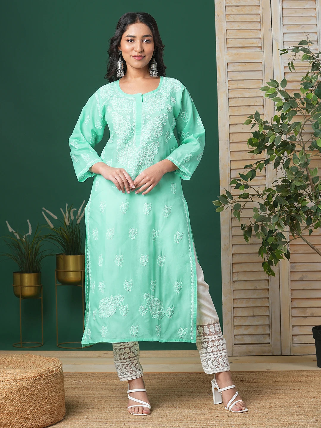 Ada Hand Embroidered Sea Green Cotton Lucknowi Chikankari Kurta A133580