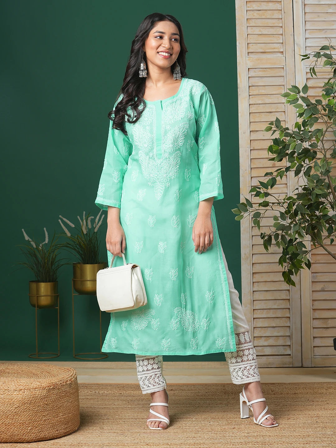 Ada Hand Embroidered Sea Green Cotton Lucknowi Chikankari Kurta A133580