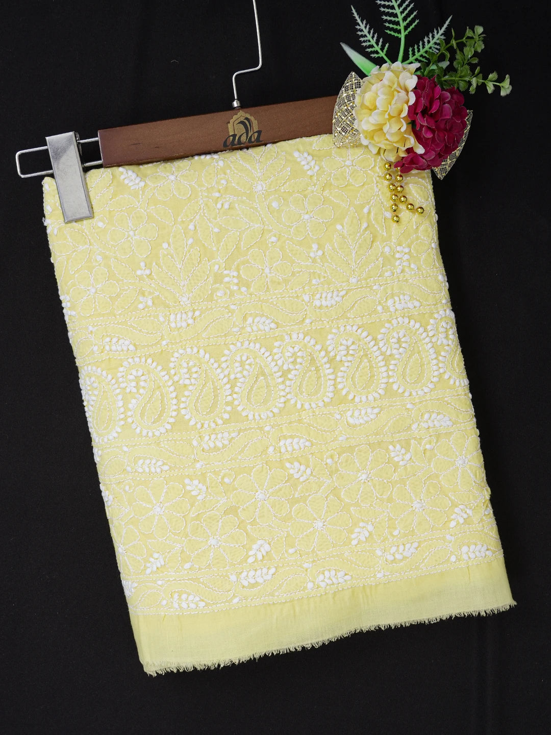 Ada Hand Embroidered Yellow Cotton Lucknowi Chikankari Unstitched Kurta Piece 01A607220