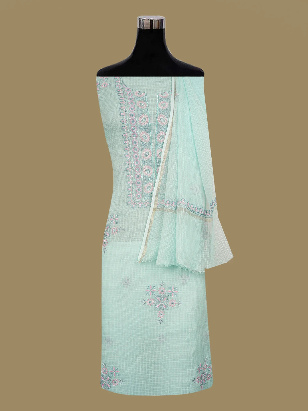 Ada Hand Embroidered Sea Green Kota Lucknowi Chikankari Unstitched Kurta Dupatta Set with Cutdana Work 01A623108
