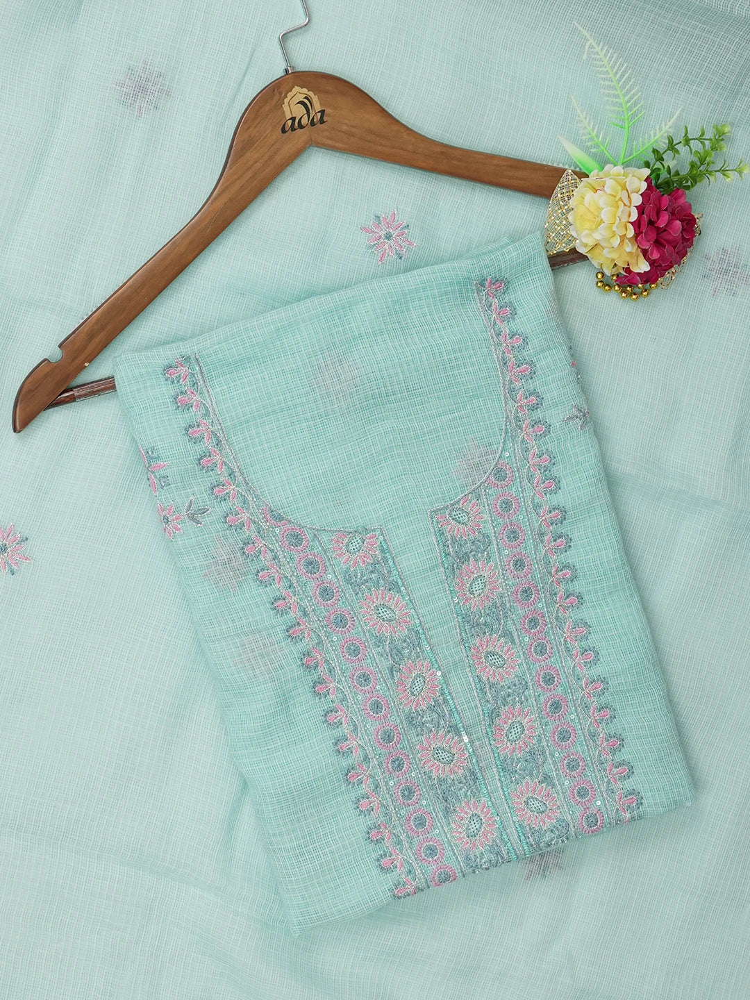 Ada Hand Embroidered Sea Green Kota Lucknowi Chikankari Unstitched Kurta Dupatta Set with Cutdana Work 01A623108