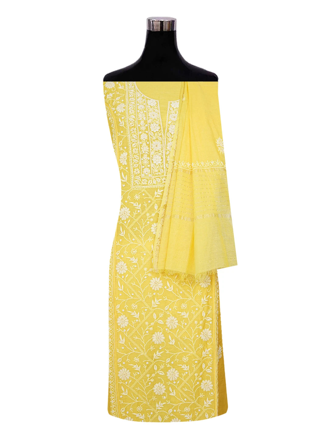 Ada Hand Embroidered Amber Yellow Chanderi Lucknowi Chikankari Unstitched Kurta Dupatta Set With Cutdana Work 01A631203