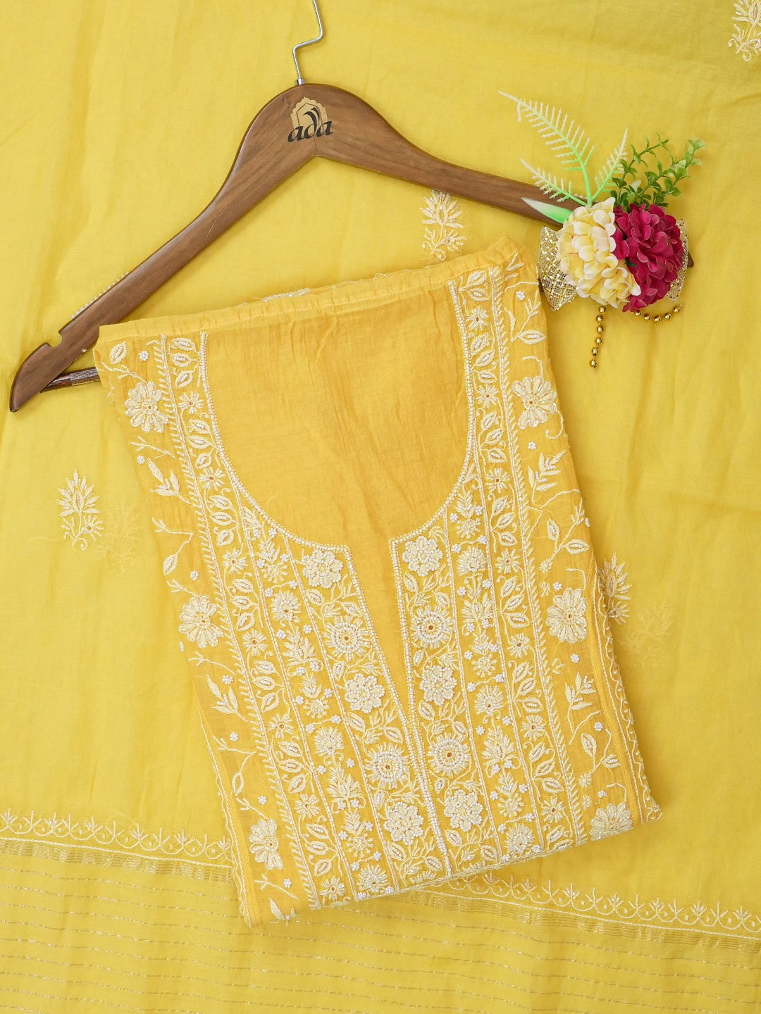 Ada Hand Embroidered Amber Yellow Chanderi Lucknowi Chikankari Unstitched Kurta Dupatta Set With Cutdana Work 01A631203