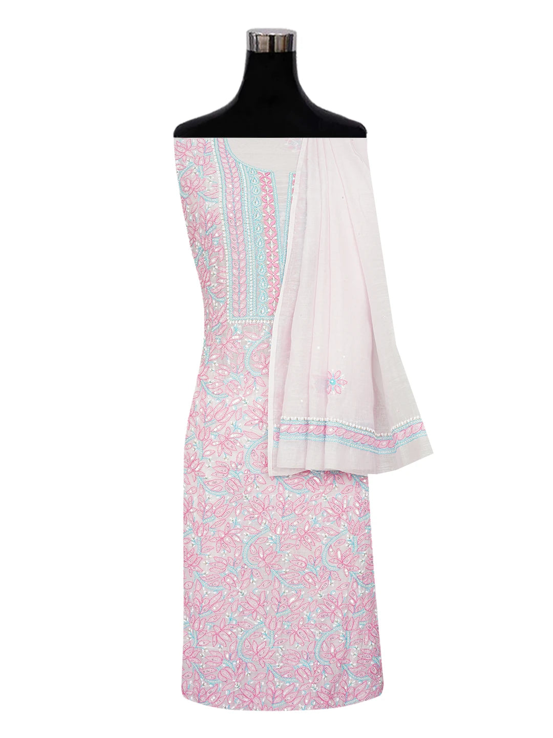 Ada Hand Embroidered Cherry Blossom Pink Chanderi Lucknowi Chikankari Unstitched Kurta Dupatta Set With Sequinned Work 01A610248