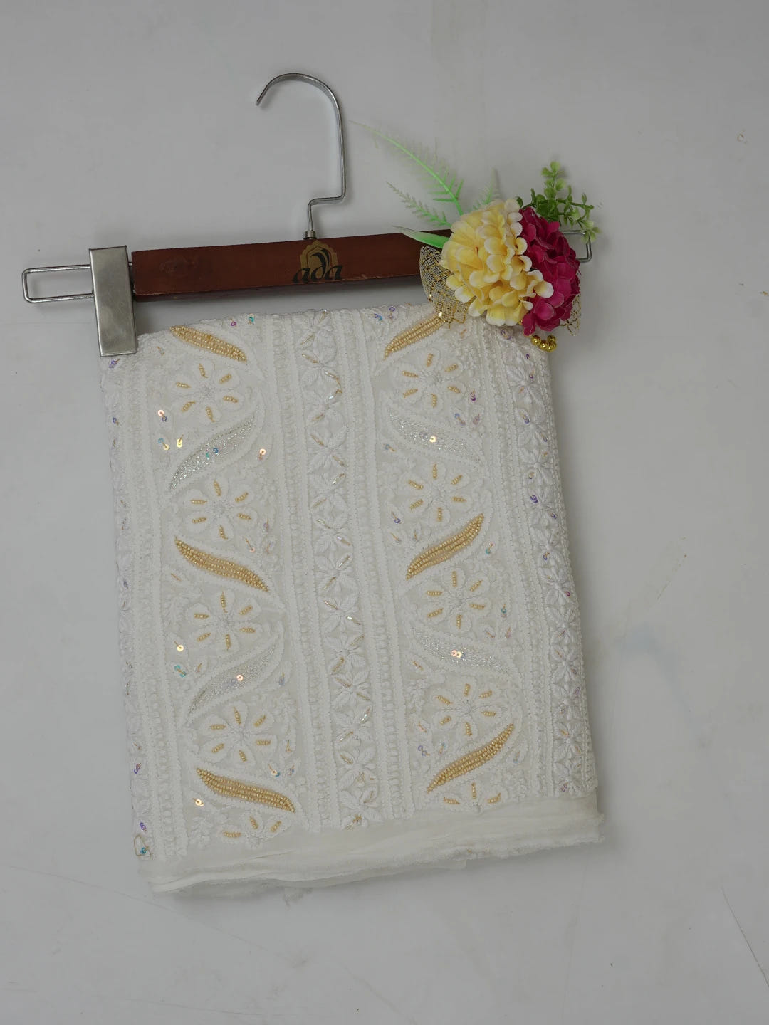 Ada Hand Embroidered White Viscose Georgette Lucknowi Chikankari Unstitched Kurta Piece With Sequinned and Cutdana Work 01A394848