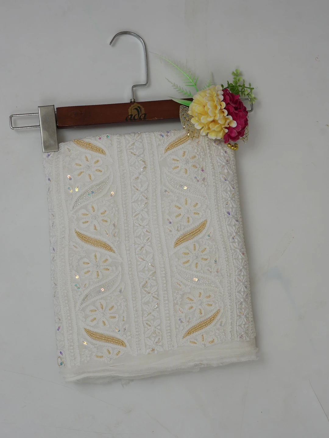 Ada Hand Embroidered White Viscose Georgette Lucknowi Chikankari Unstitched Kurta Piece With Sequinned and Cutdana Work 01A394848