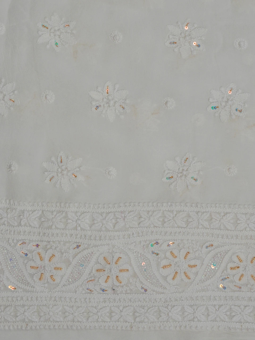 Ada Hand Embroidered White Viscose Georgette Lucknowi Chikankari Unstitched Kurta Piece With Sequinned and Cutdana Work 01A394848