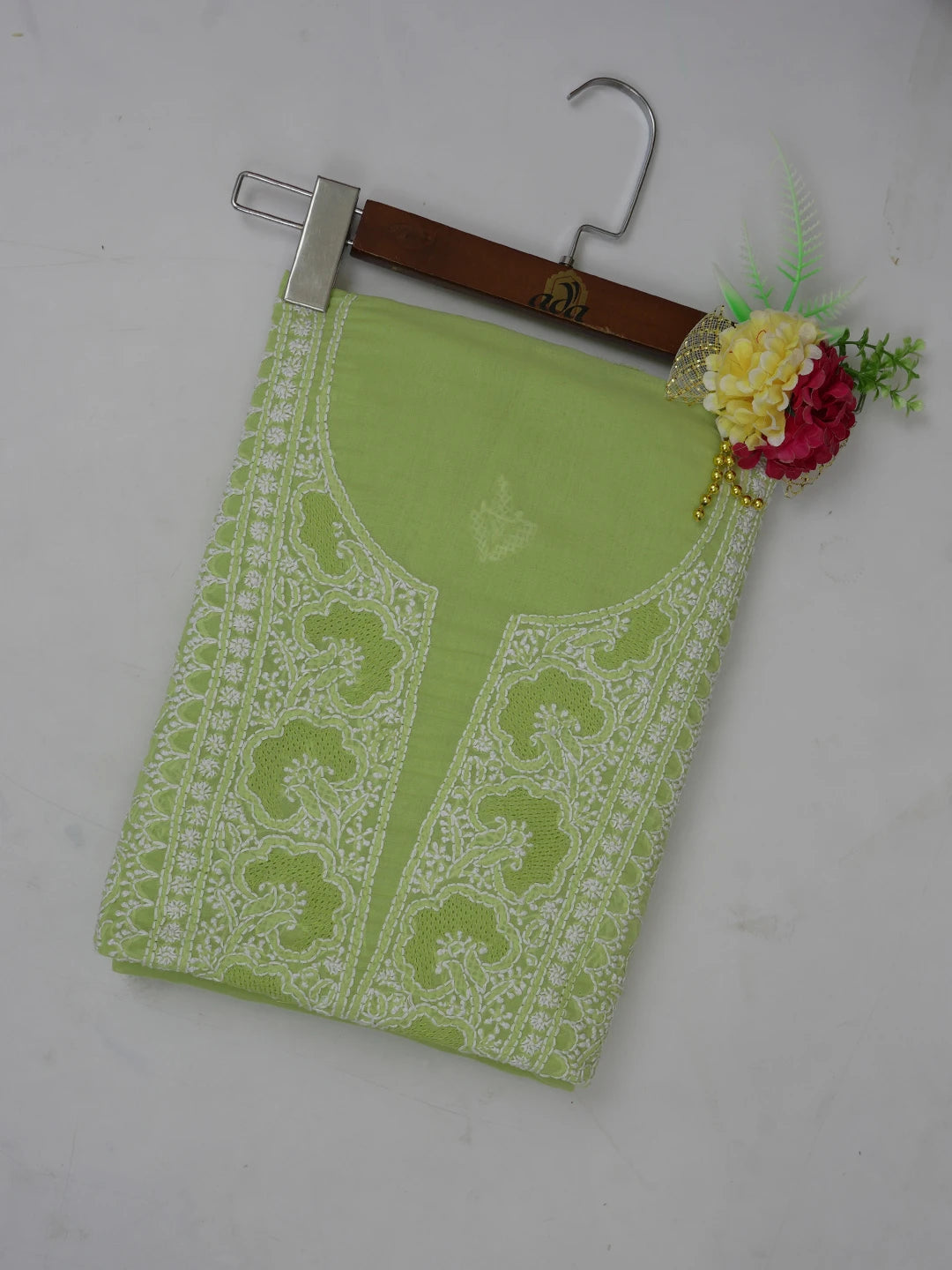 Ada Hand Embroidered Lime Green Cotton Lucknowi Chikankari Unstitched Kurta Piece 01A638764