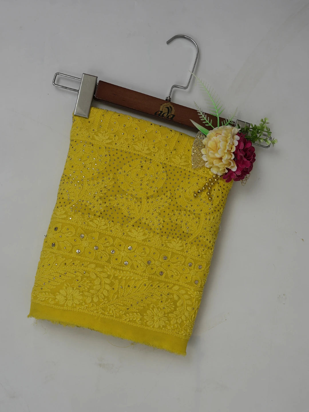 Ada Hand Embroidered Yellow Viscose Georgette Lucknowi Chikankari Unstitched Kurta Piece With Muqaish Work 01A375434