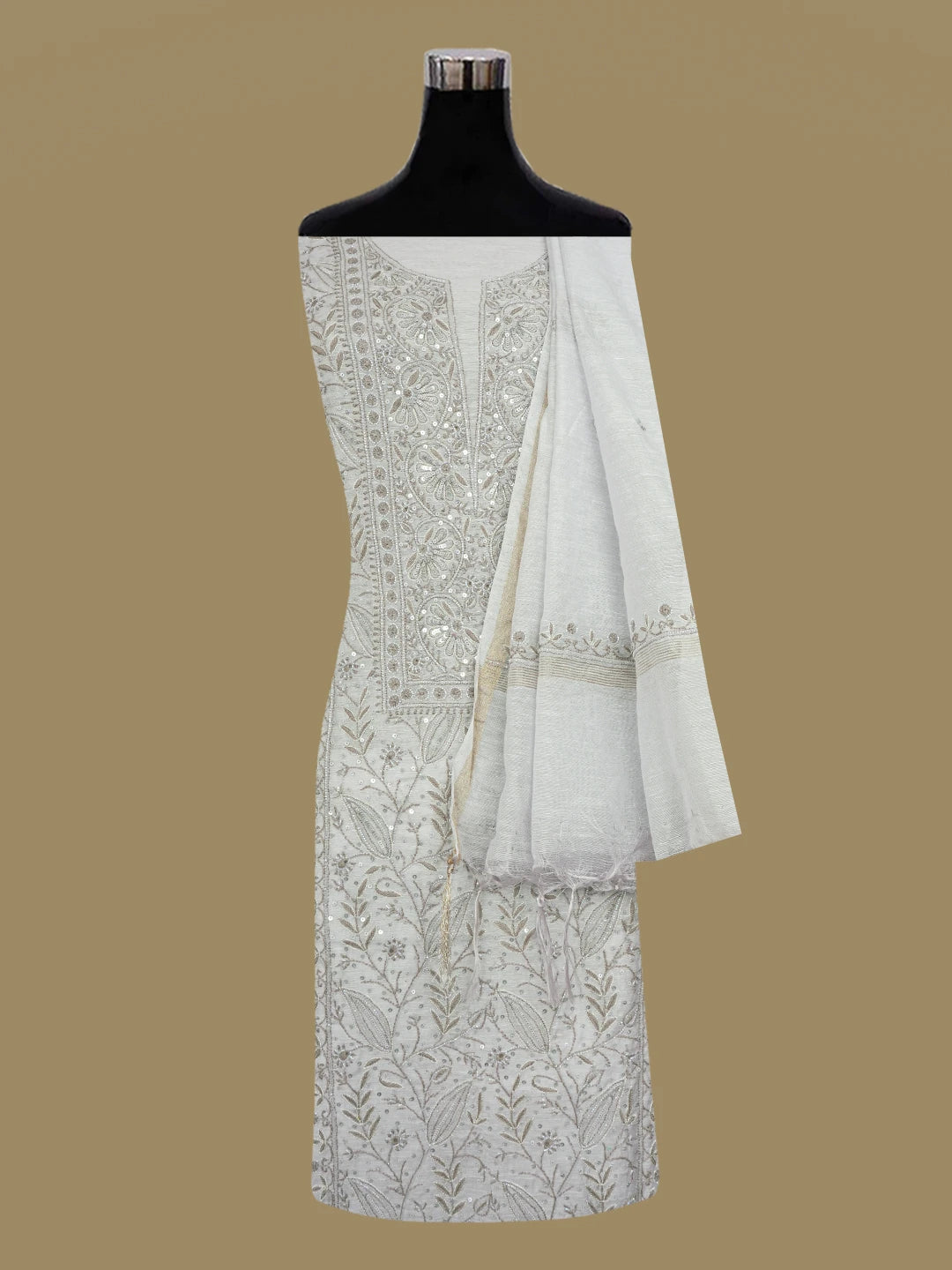 Ada Hand Embroidered Grey Chanderi Lucknowi Chikankari Unstitched Kurta Dupatta Set With Sequinned Work 01A605341