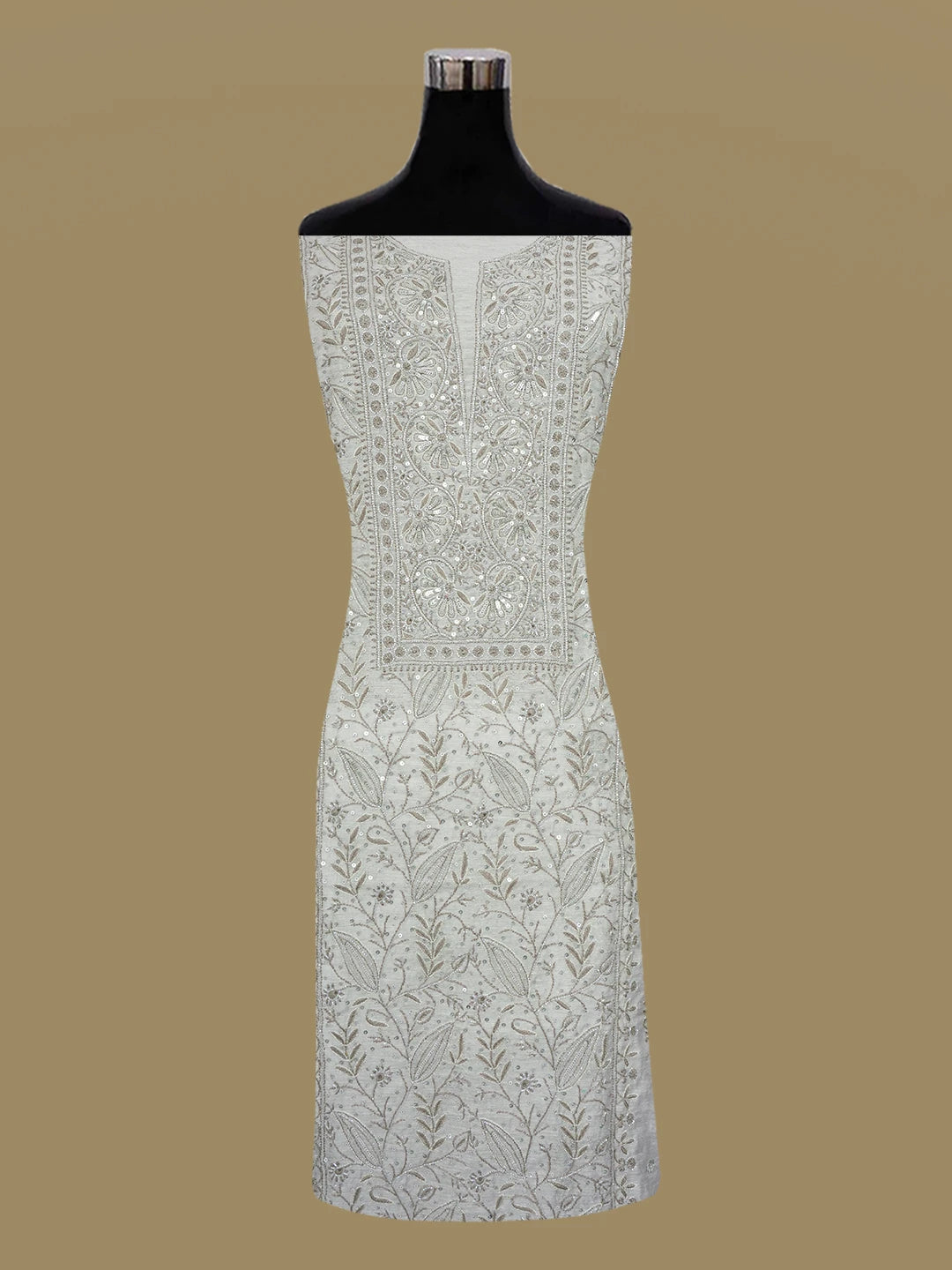 Ada Hand Embroidered Grey Chanderi Lucknowi Chikankari Unstitched Kurta Dupatta Set With Sequinned Work 01A605341