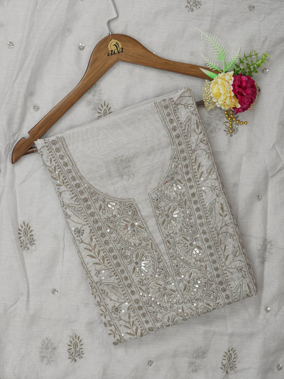 Ada Hand Embroidered Grey Chanderi Lucknowi Chikankari Unstitched Kurta Dupatta Set With Sequinned Work 01A605341