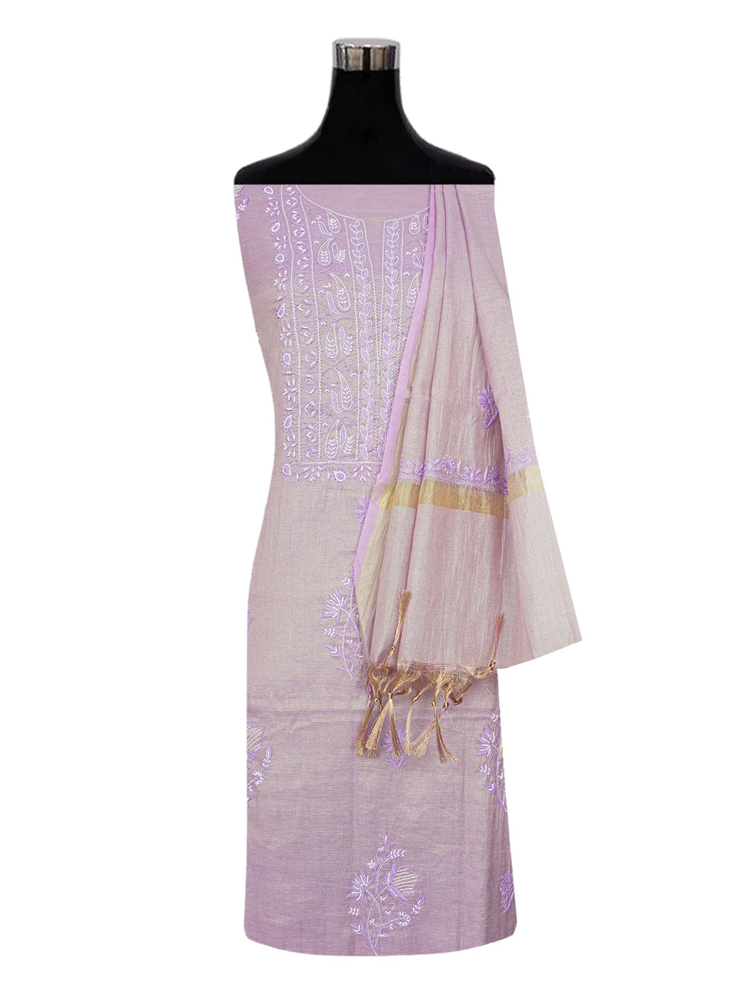 Ada Hand Embroidered Mauve Tissue Lucknowi Chikankari Unstitched Kurta Dupatta Set With Pearl Work 01A614217