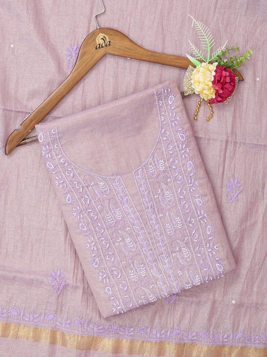 Ada Hand Embroidered Mauve Tissue Lucknowi Chikankari Unstitched Kurta Dupatta Set With Pearl Work 01A614217