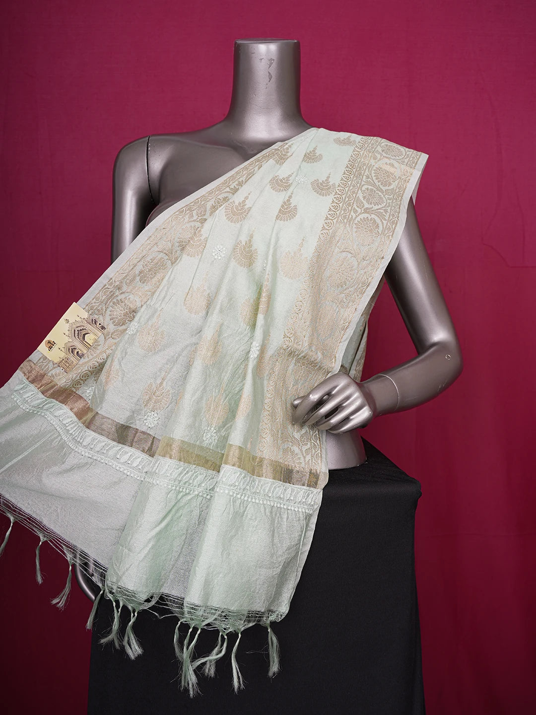Ada Hand Embroidered Sea Green Chanderi Lucknowi Chikankari Dupatta 01A496033