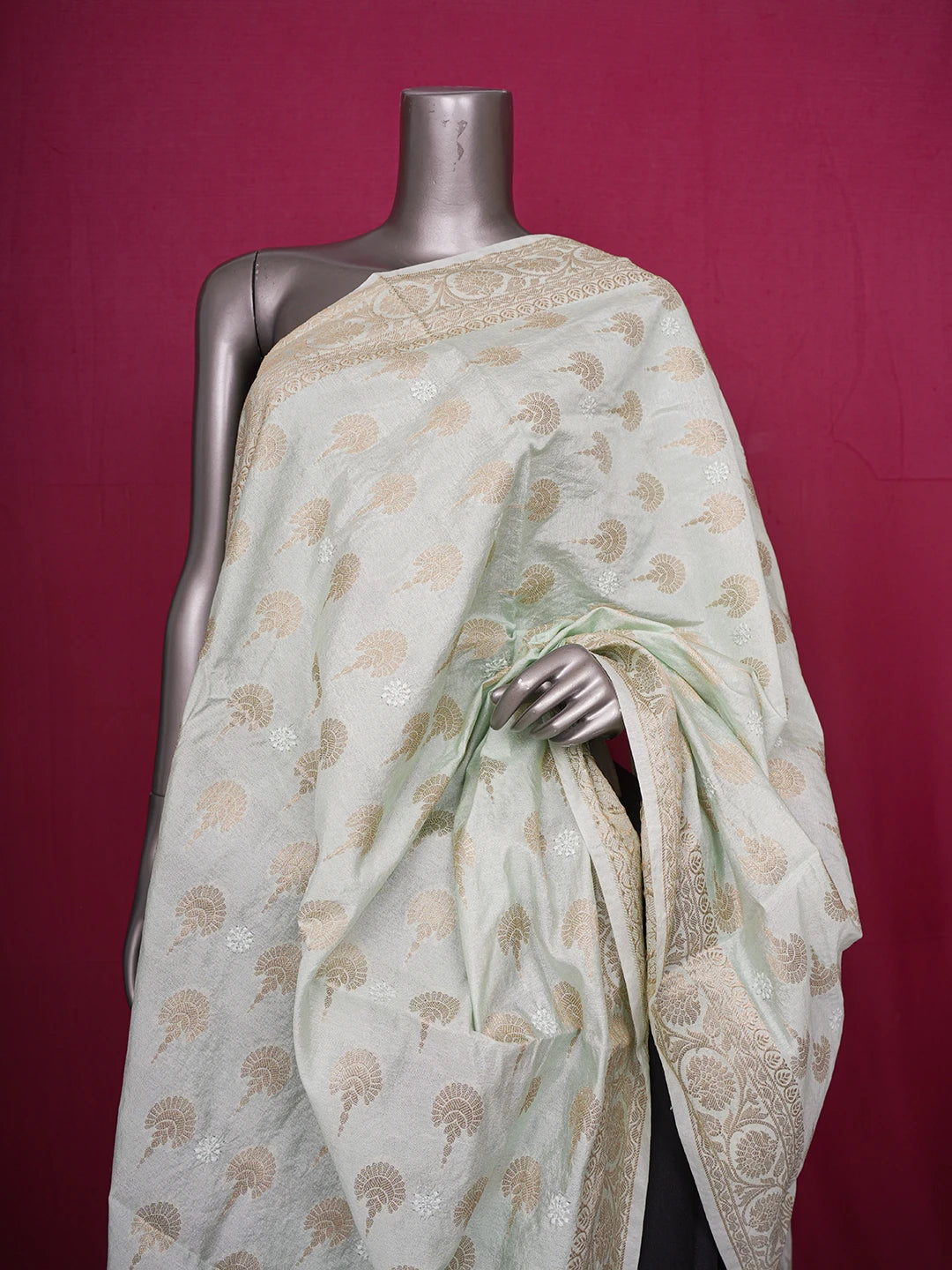 Ada Hand Embroidered Sea Green Chanderi Lucknowi Chikankari Dupatta 01A496033