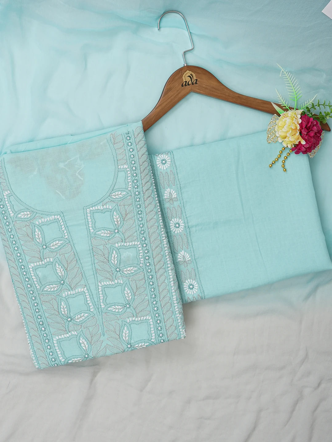 Ada Hand Embroidered Sky Blue Cotton Lucknowi Chikankari Unstitched Suit Piece 01A626825