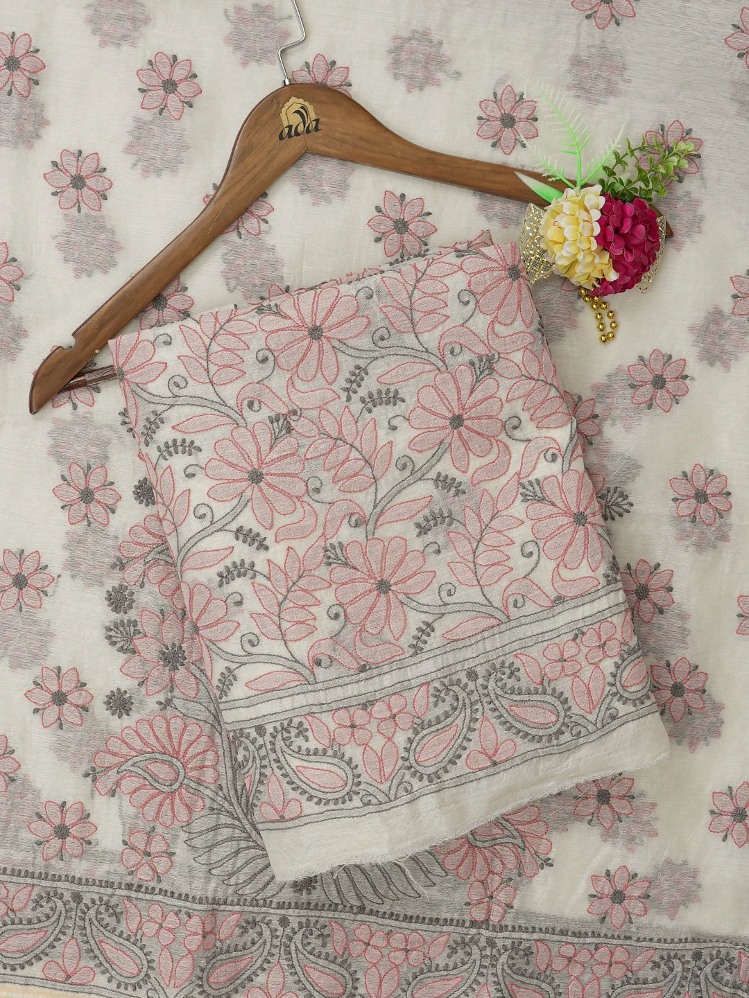 Ada Hand Embroidered White Chanderi Lucknowi Chikankari Unstitched Kurta Dupatta Set 01A637910
