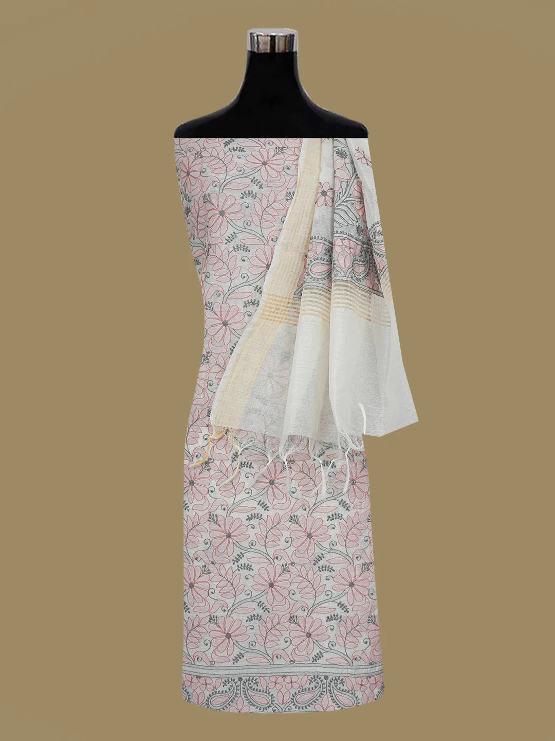 Ada Hand Embroidered White Chanderi Lucknowi Chikankari Unstitched Kurta Dupatta Set 01A637910