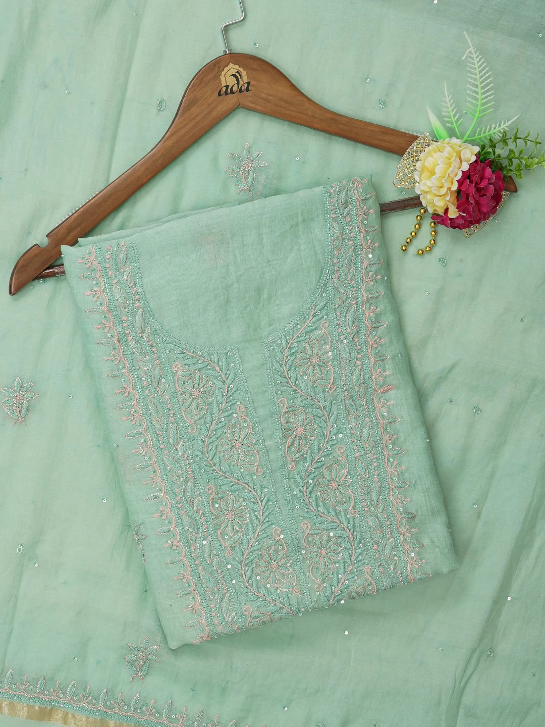 Ada Hand Embroidered Sea Green Chanderi Lucknowi Chikankari Unstitched Kurta Dupatta Set With Cutdana Work 01A621854
