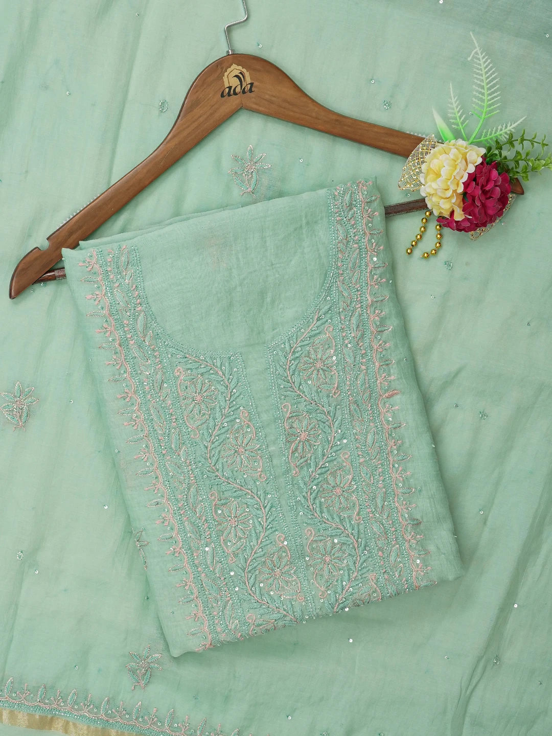 Ada Hand Embroidered Sea Green Chanderi Lucknowi Chikankari Unstitched Kurta Dupatta Set With Cutdana Work 01A621854