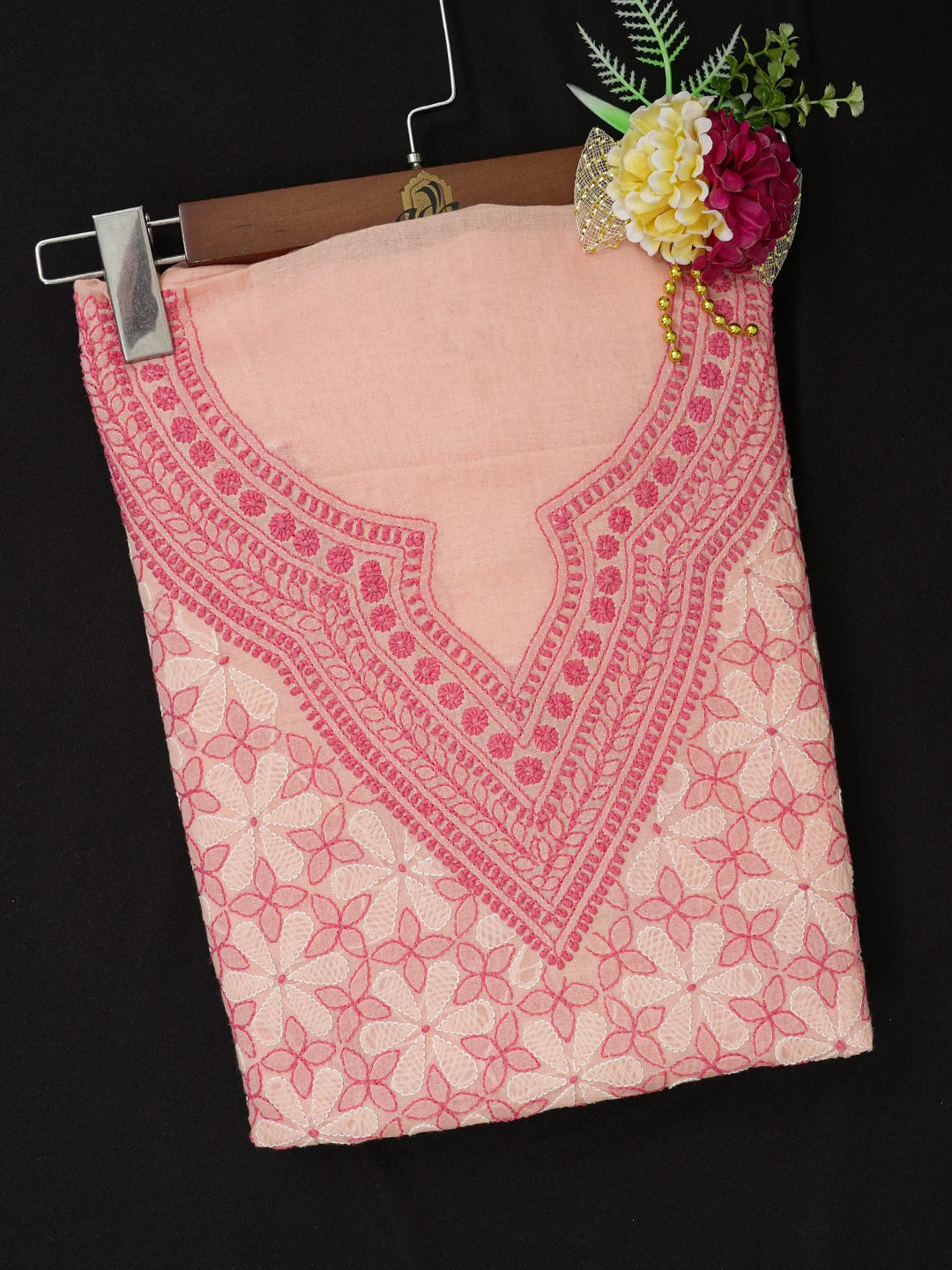 Ada Hand Embroidered Peach Cotton Lucknowi Chikankari Unstitched Kurta Piece 01A631152