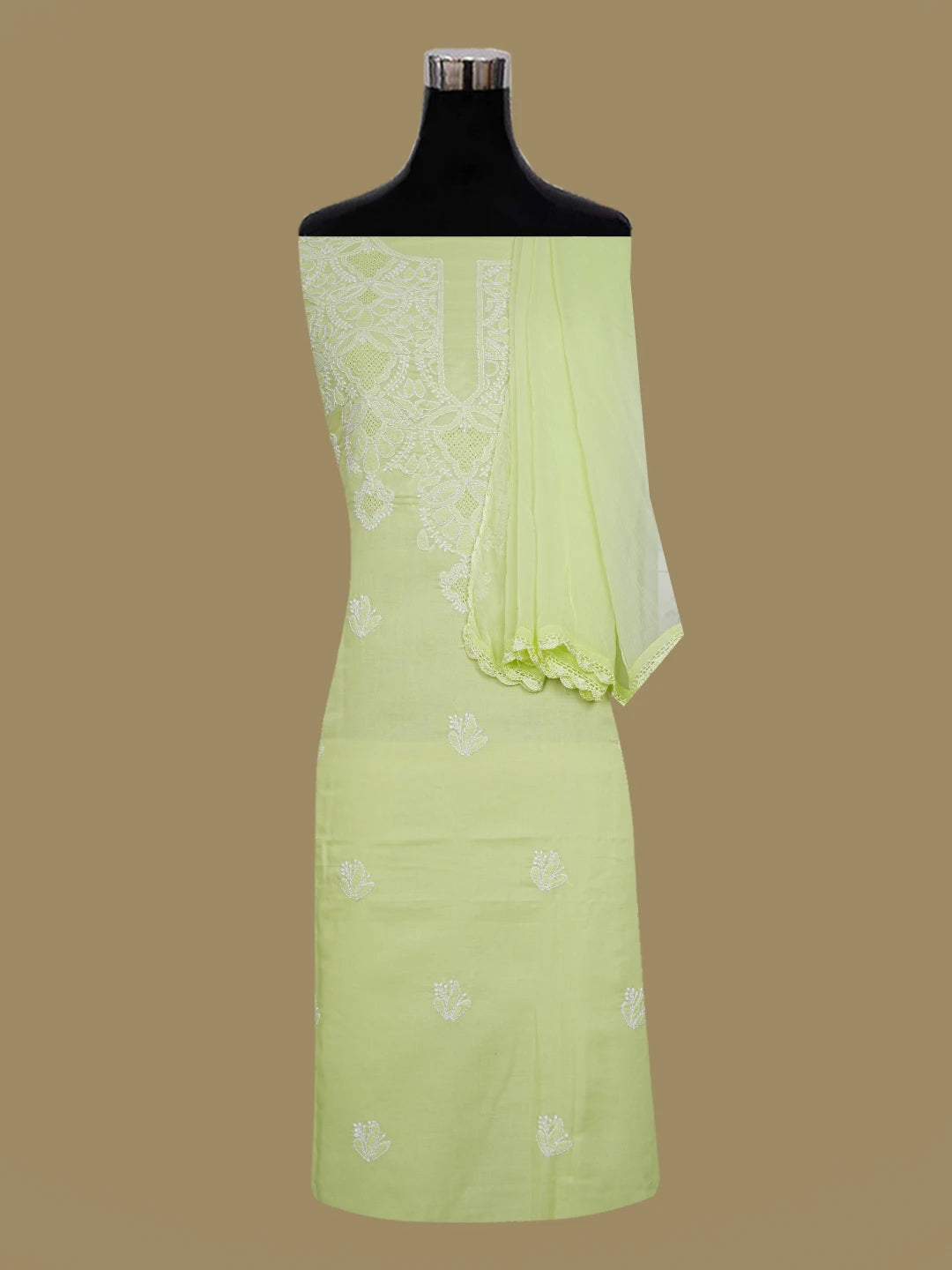 Ada Hand Embroidered Lime Green Cotton Lucknowi Chikankari Unstitched Suit Piece 01A632246