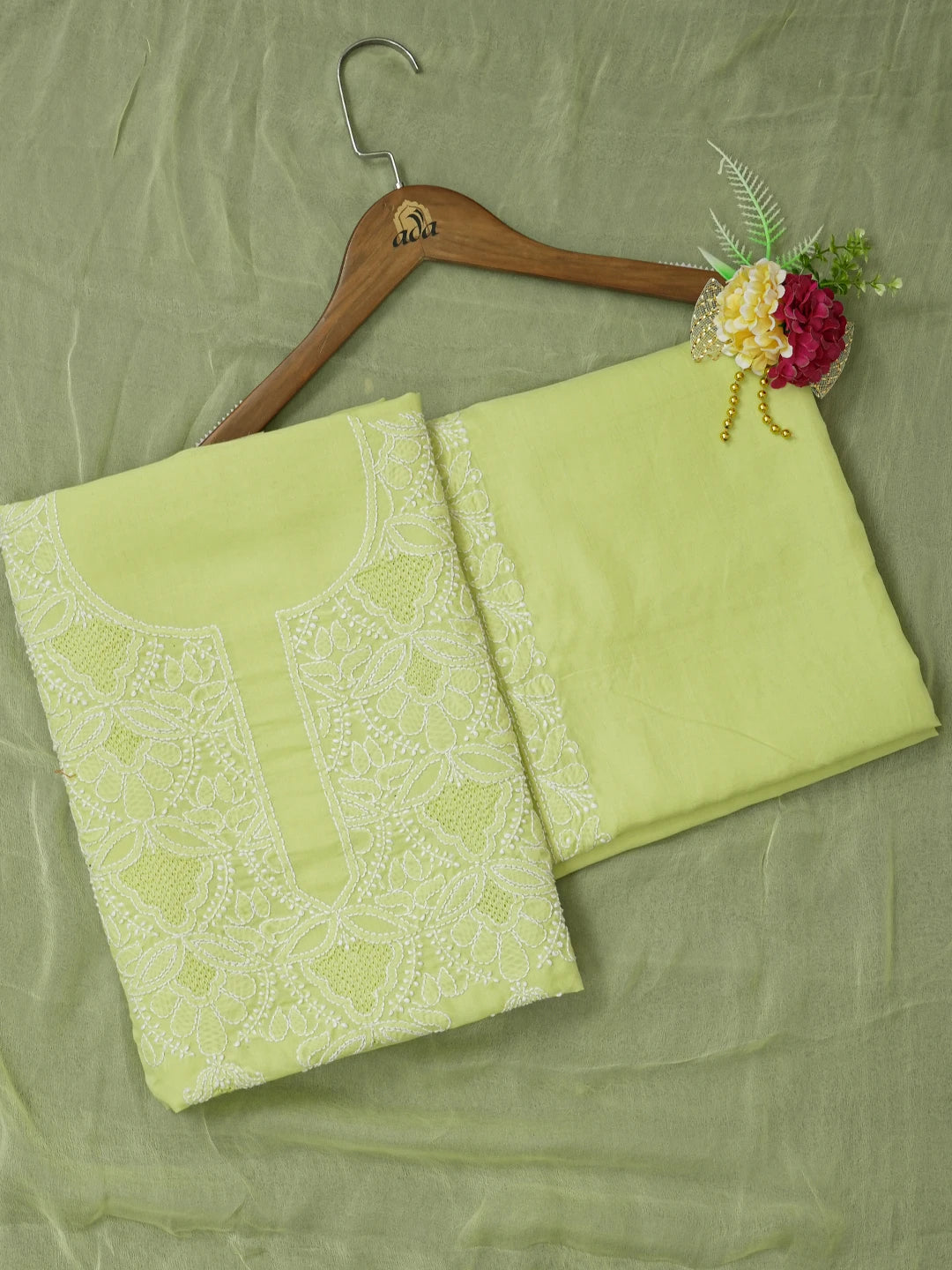 Ada Hand Embroidered Lime Green Cotton Lucknowi Chikankari Unstitched Suit Piece 01A632246
