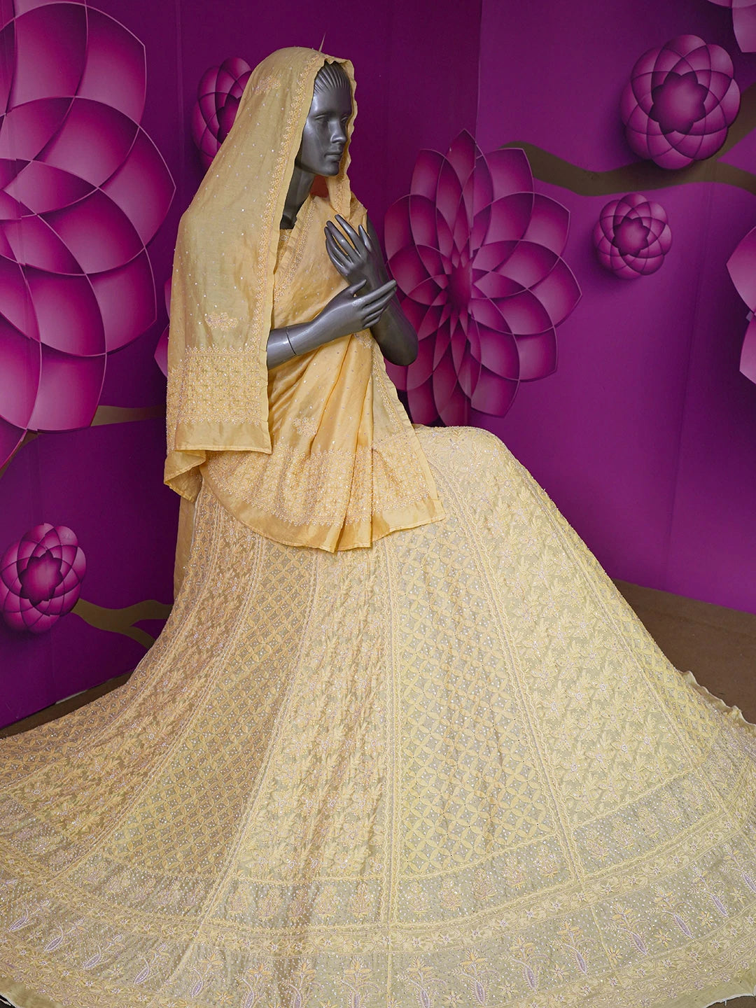Ada Hand Embroidered Biscotti Yellow Chanderi  Lucknowi Chikankari Lehenga Set with Sequinned Work 01A403572