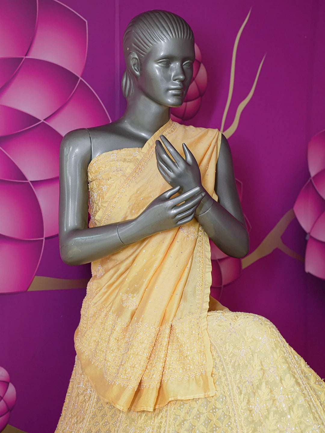 Ada Hand Embroidered Biscotti Yellow Chanderi  Lucknowi Chikankari Lehenga Set with Sequinned Work 01A403572