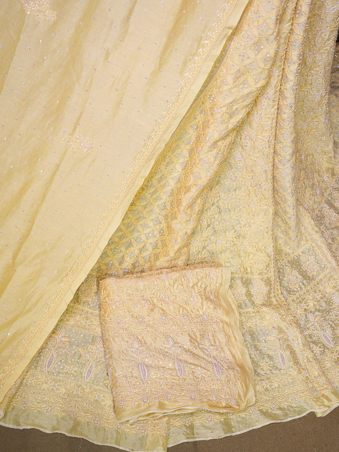 Ada Hand Embroidered Biscotti Yellow Chanderi  Lucknowi Chikankari Lehenga Set with Sequinned Work 01A403572