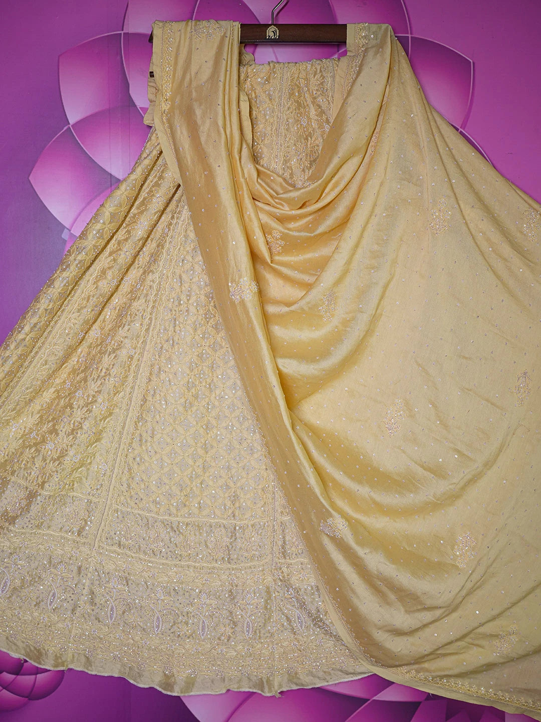 Ada Hand Embroidered Biscotti Yellow Chanderi  Lucknowi Chikankari Lehenga Set with Sequinned Work 01A403572