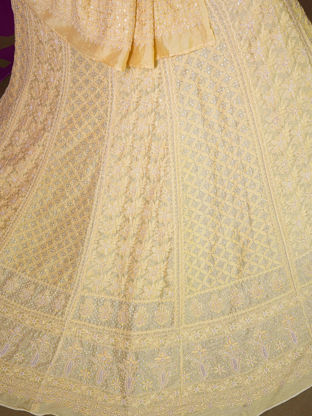 Ada Hand Embroidered Biscotti Yellow Chanderi  Lucknowi Chikankari Lehenga Set with Sequinned Work 01A403572