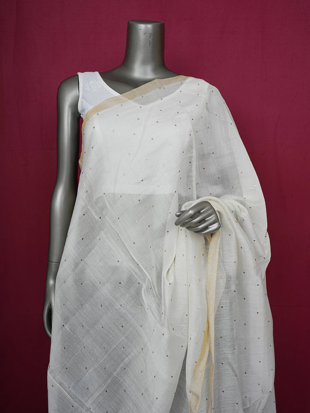 Ada Hand Embroidered Ivory White Chanderi Dupatta With Muqaish Work 01A153600