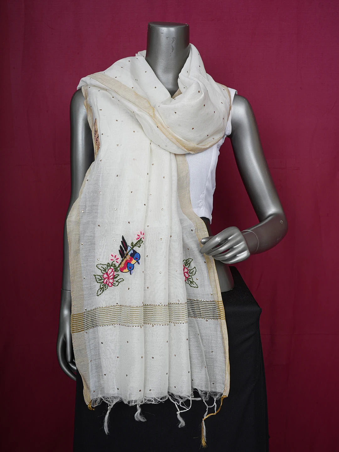 Ada Hand Embroidered Ivory White Chanderi Dupatta With Muqaish Work 01A153600