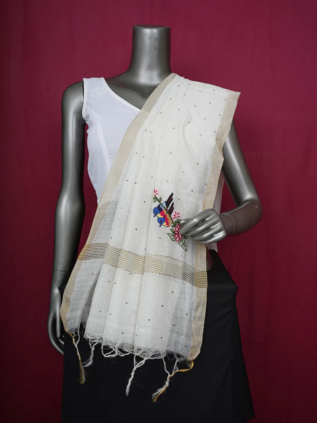 Ada Hand Embroidered Ivory White Chanderi Dupatta With Muqaish Work 01A153600