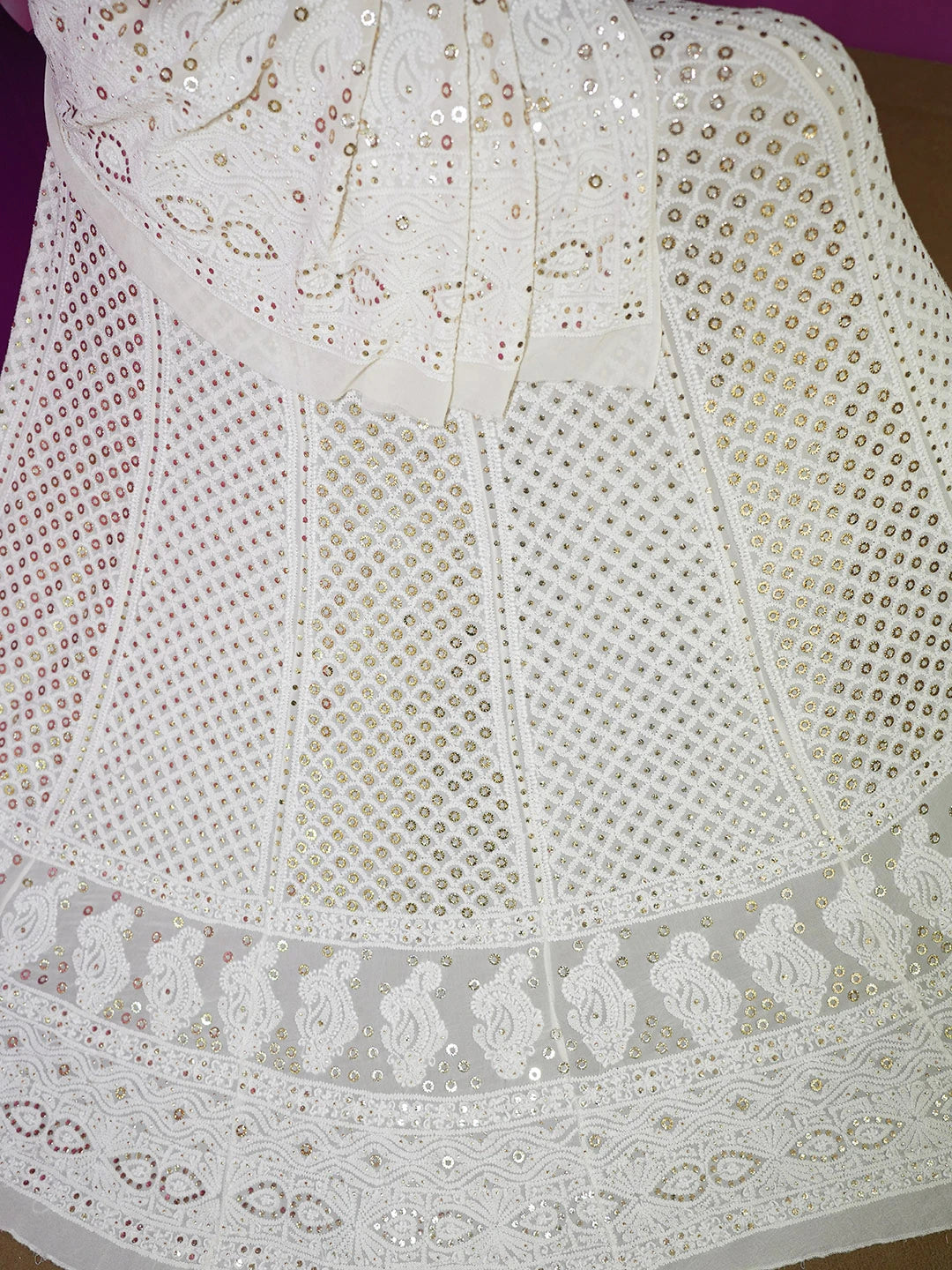 Ada Hand Embroidered White Smoke Pure Georgette Lucknowi Chikankari Lehenga Set With Muqaish Work 01A185969