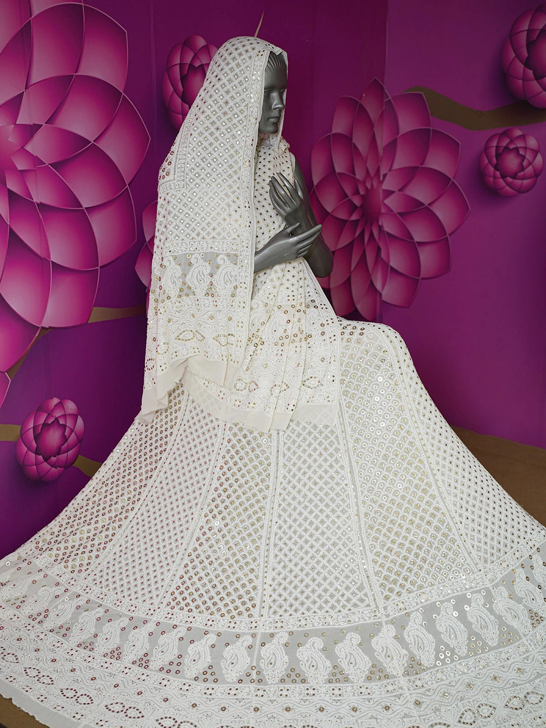 Ada Hand Embroidered White Smoke Pure Georgette Lucknowi Chikankari Lehenga Set With Muqaish Work 01A185969