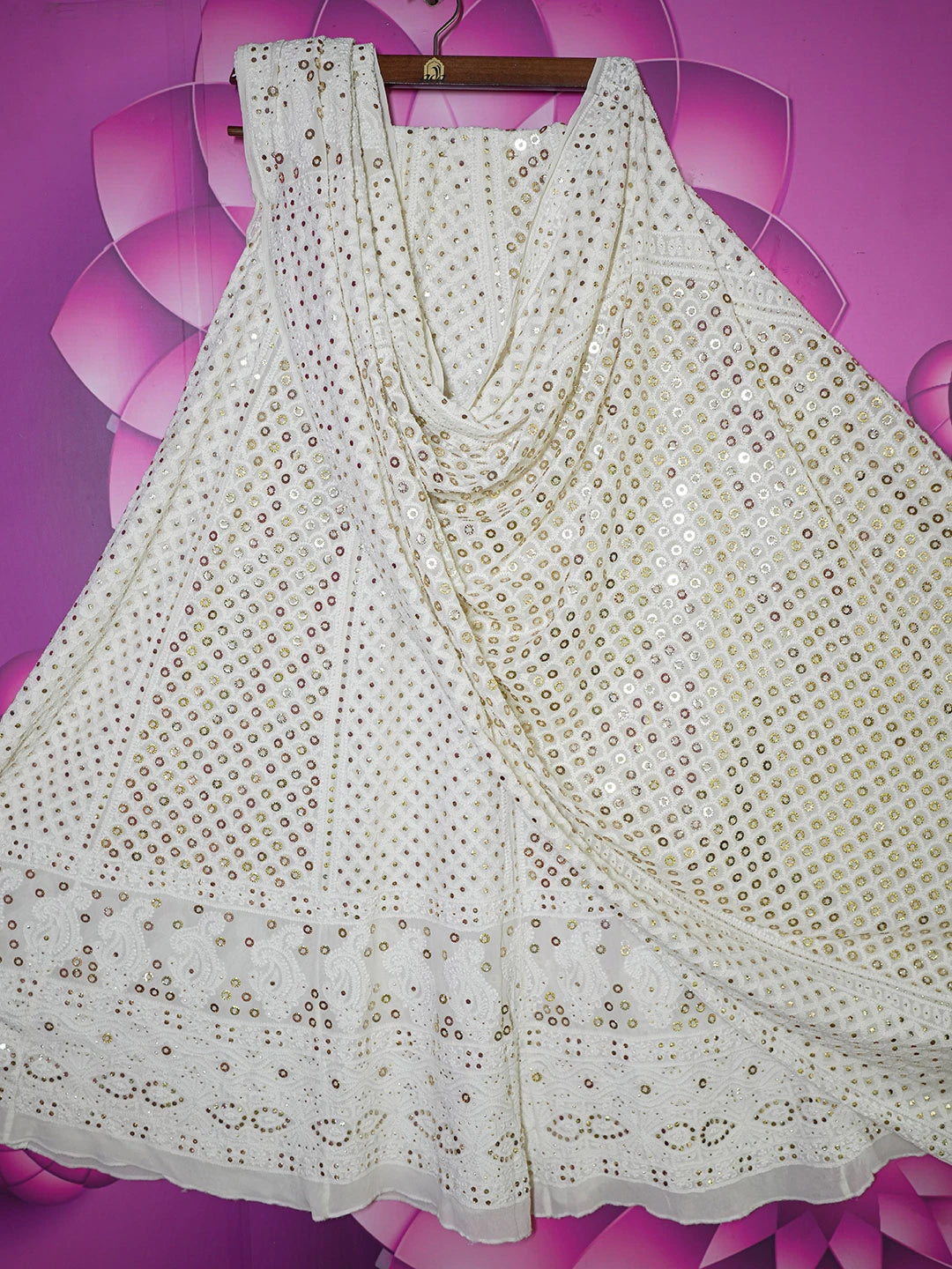 Ada Hand Embroidered White Smoke Pure Georgette Lucknowi Chikankari Lehenga Set With Muqaish Work 01A185969