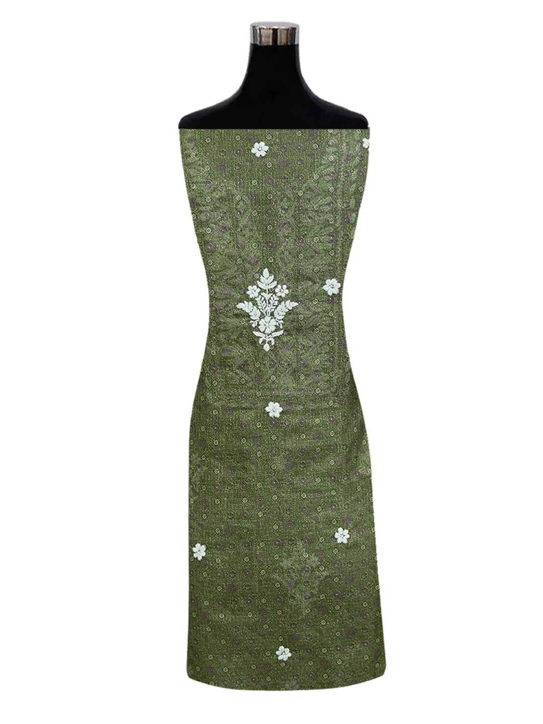 Ada Hand Embroidered Dark Moss Green Kota Lucknowi Chikankari Unstitched Kurta Piece 01A349756
